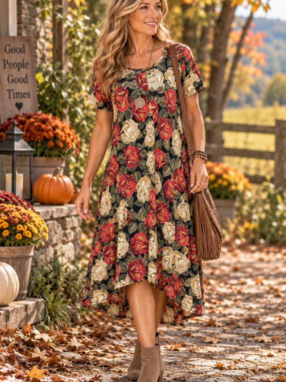 Lula Roe Simply Comfortable High-Low Dress Red Cream Gold Black Floral Small
